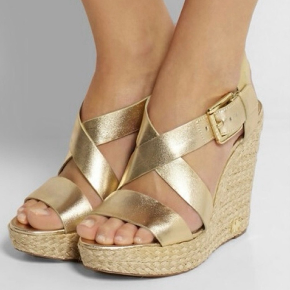MICHAEL Michael Kors Gold Metallic Espadrille Wedge Sandals